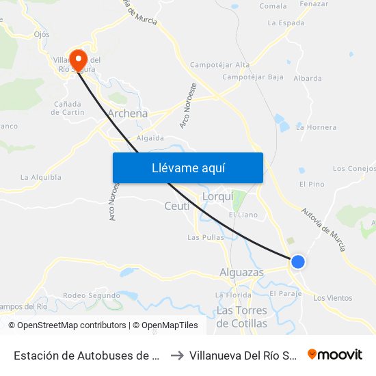 Estación de Autobuses de Molina to Villanueva Del Río Segura map