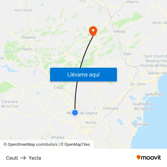 Ceutí to Yecla map