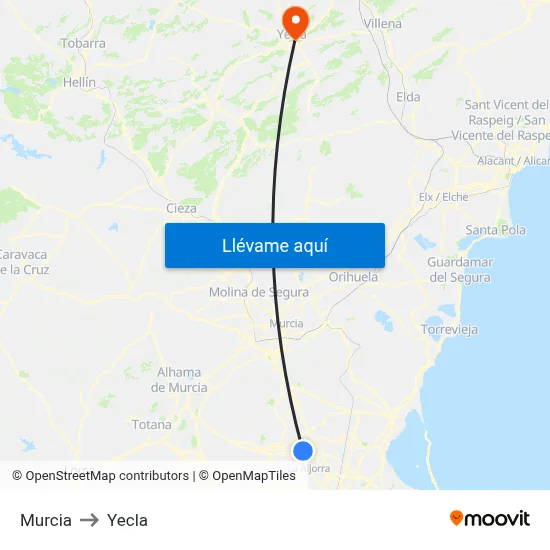 Murcia to Yecla map