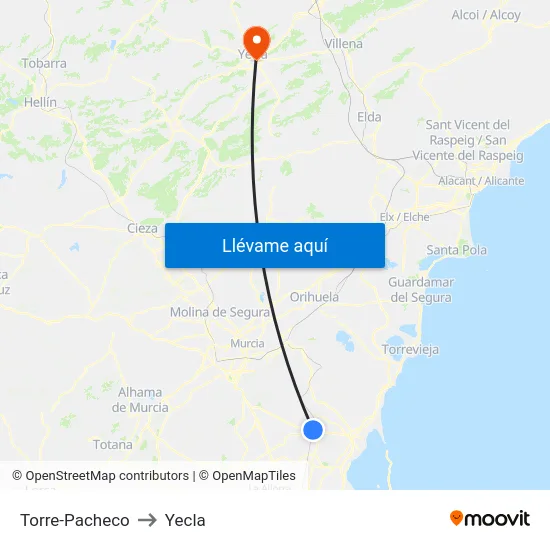 Torre-Pacheco to Yecla map
