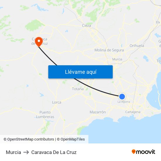 Murcia to Caravaca De La Cruz map