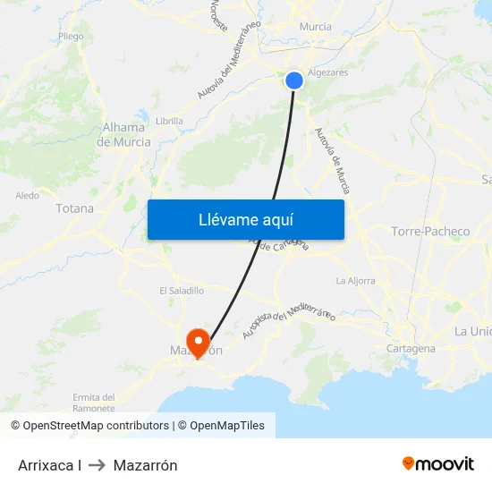 Arrixaca I to Mazarrón map