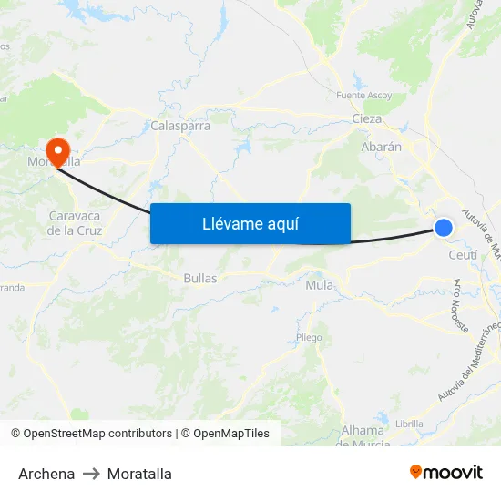 Archena to Moratalla map