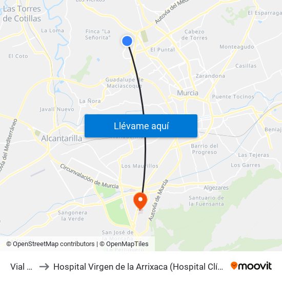 Vial Norte II to Hospital Virgen de la Arrixaca (Hospital Clínico Universitario Virgen de la Arrixaca) map