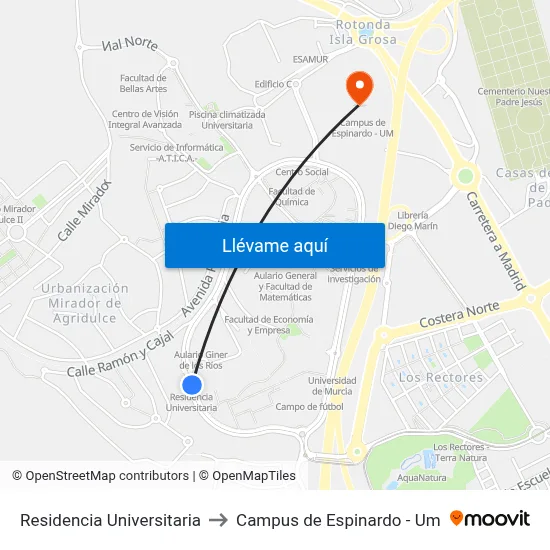 Residencia Universitaria to Campus de Espinardo - Um map