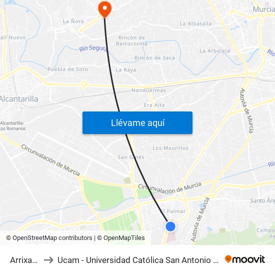 Arrixaca I to Ucam - Universidad Católica San Antonio de Murcia map
