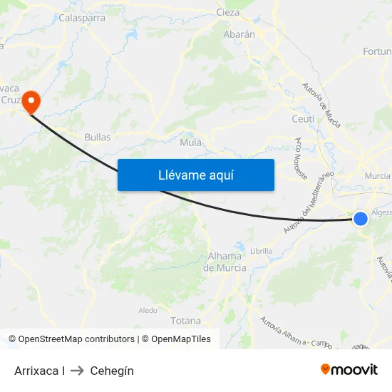 Arrixaca I to Cehegín map