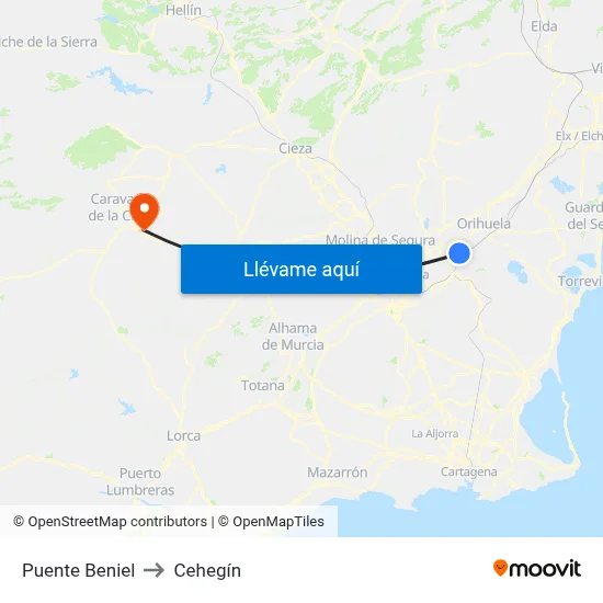 Puente Beniel to Cehegín map