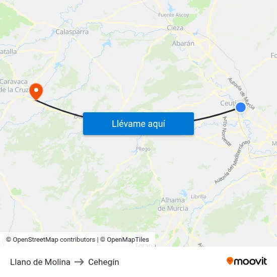 Llano de Molina to Cehegín map