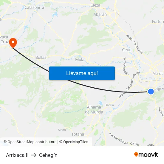 Arrixaca II to Cehegín map