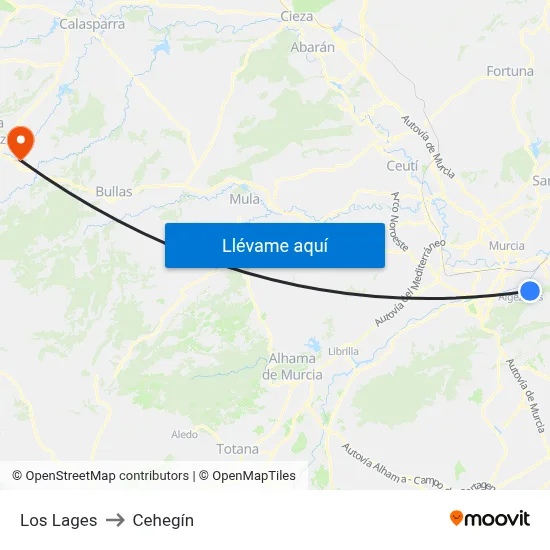 Los Lages to Cehegín map