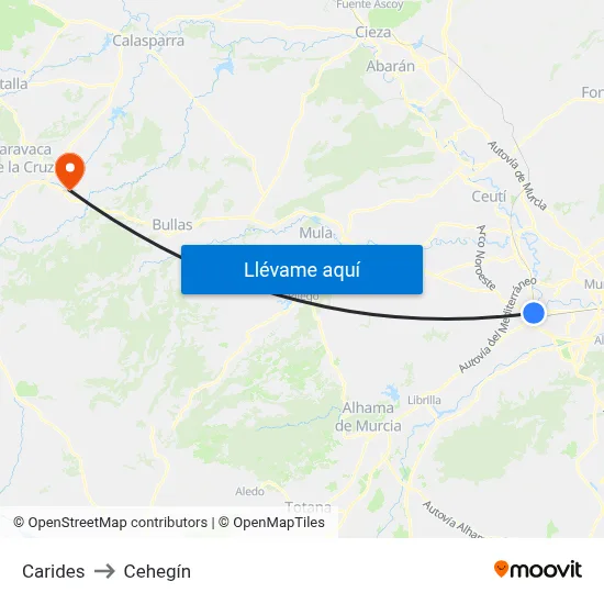 Carides to Cehegín map