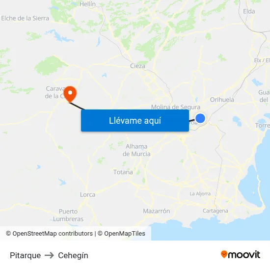 Pitarque to Cehegín map