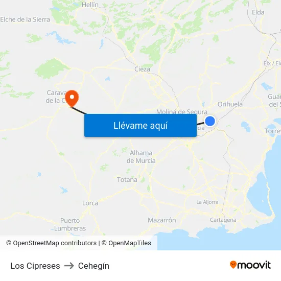 Los Cipreses to Cehegín map