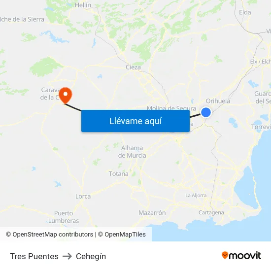 Tres Puentes to Cehegín map