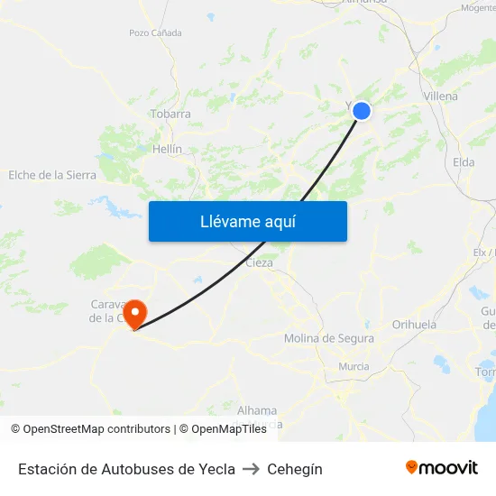 Estación de Autobuses de Yecla to Cehegín map