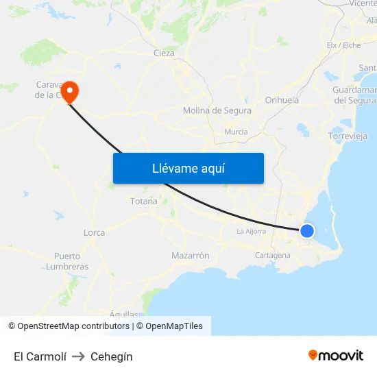 El Carmolí to Cehegín map