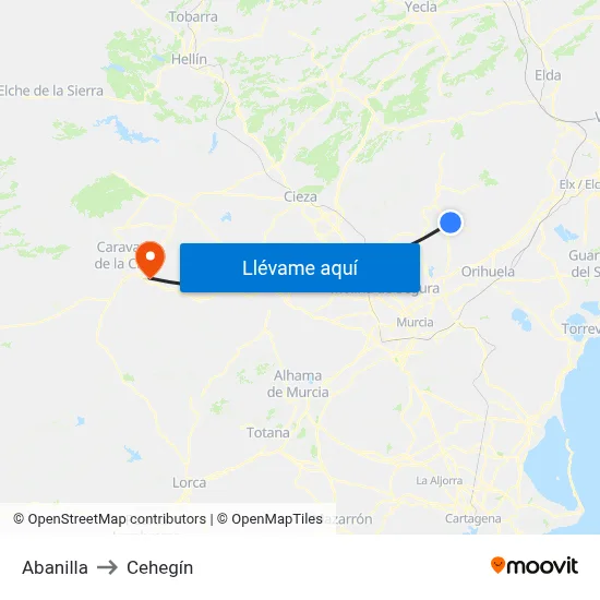 Abanilla to Cehegín map