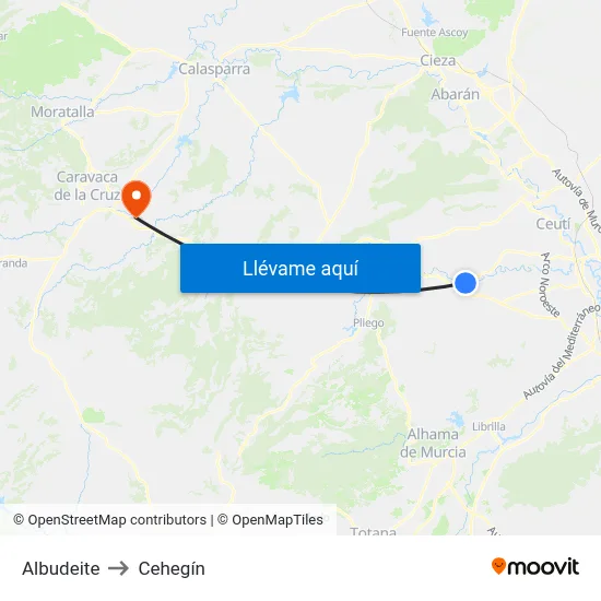 Albudeite to Cehegín map