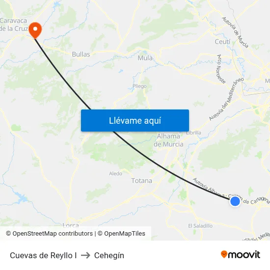 Cuevas de Reyllo I to Cehegín map