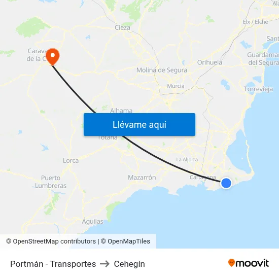 Portmán - Transportes to Cehegín map