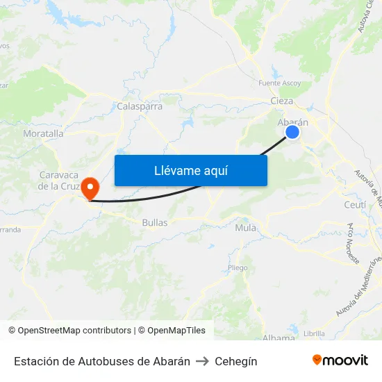 Estación de Autobuses de Abarán to Cehegín map