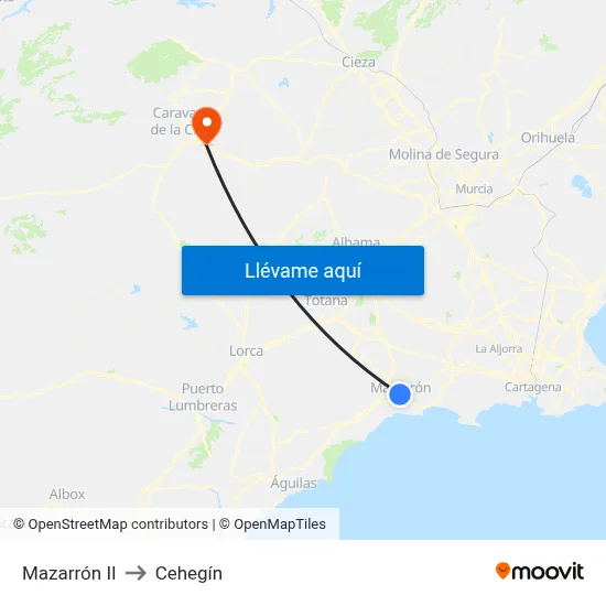 Mazarrón II to Cehegín map
