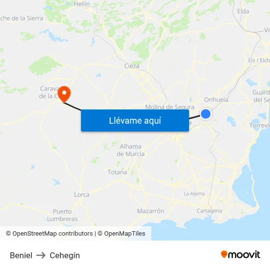 Beniel to Cehegín map