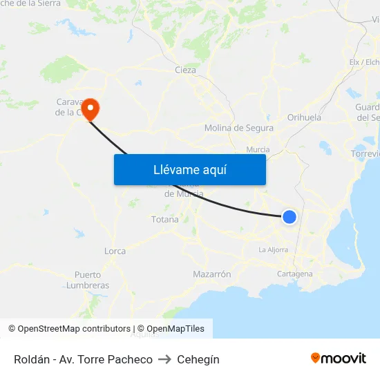 Roldán - Av. Torre Pacheco to Cehegín map