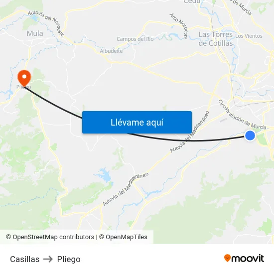 Casillas to Pliego map