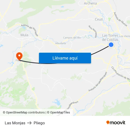 Las Monjas to Pliego map