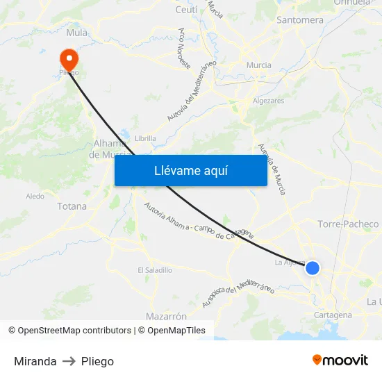 Miranda to Pliego map