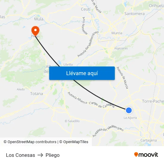 Los Conesas to Pliego map