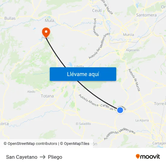 San Cayetano to Pliego map