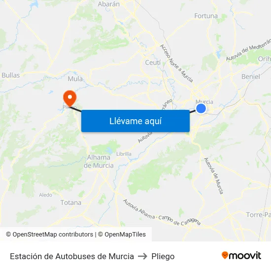 Estación de Autobuses de Murcia to Pliego map