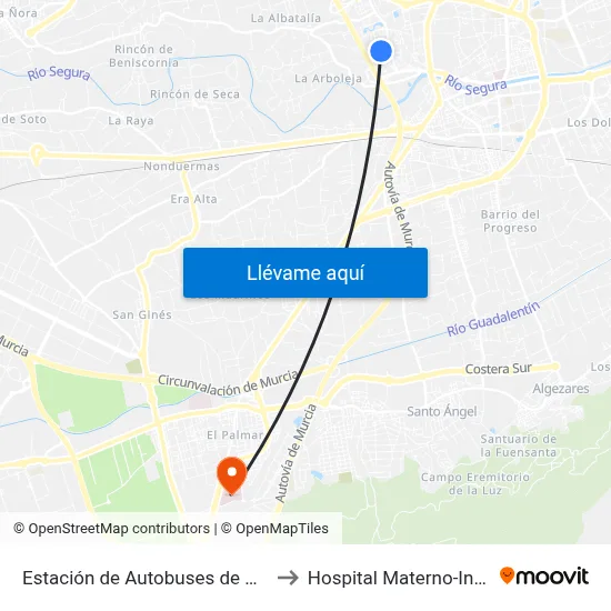 Estación de Autobuses de Murcia to Hospital Materno-Infantil map