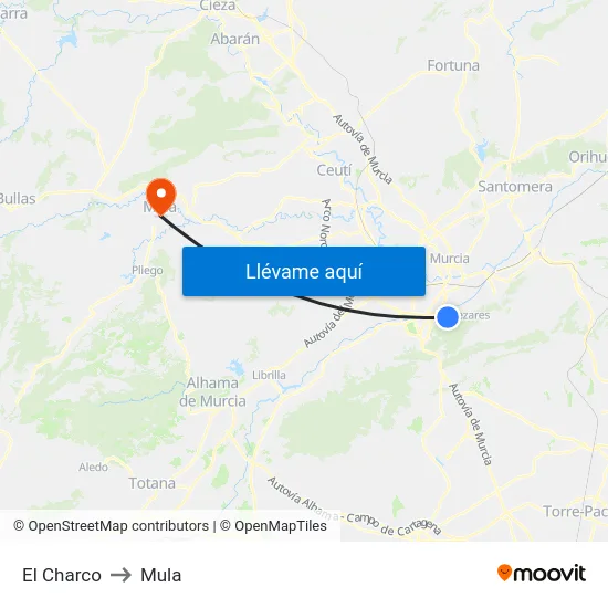 El Charco to Mula map