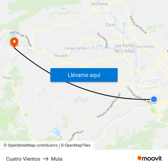 Cuatro Vientos to Mula map