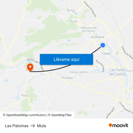 Las Palomas to Mula map