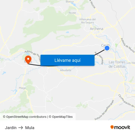 Jardín to Mula map