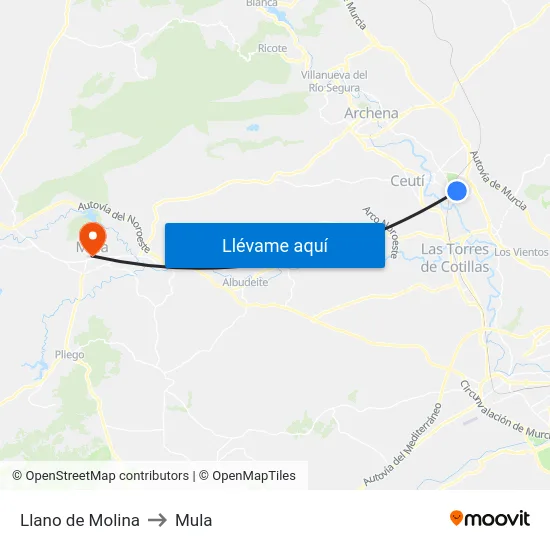 Llano de Molina to Mula map