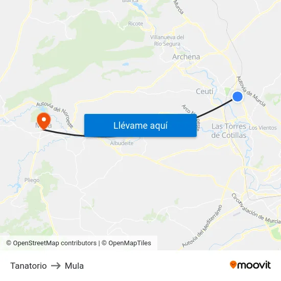 Tanatorio to Mula map