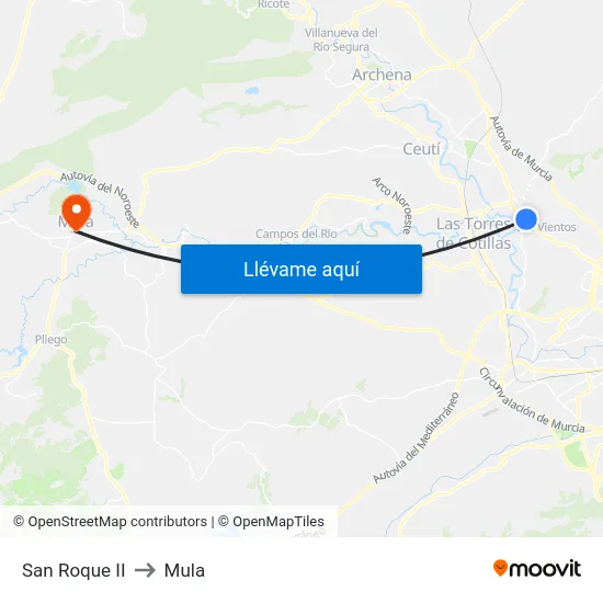 San Roque II to Mula map