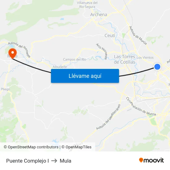Puente Complejo I to Mula map