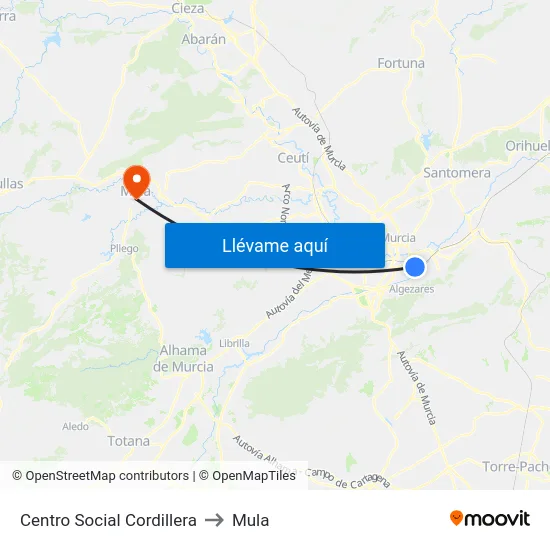 Centro Social Cordillera to Mula map