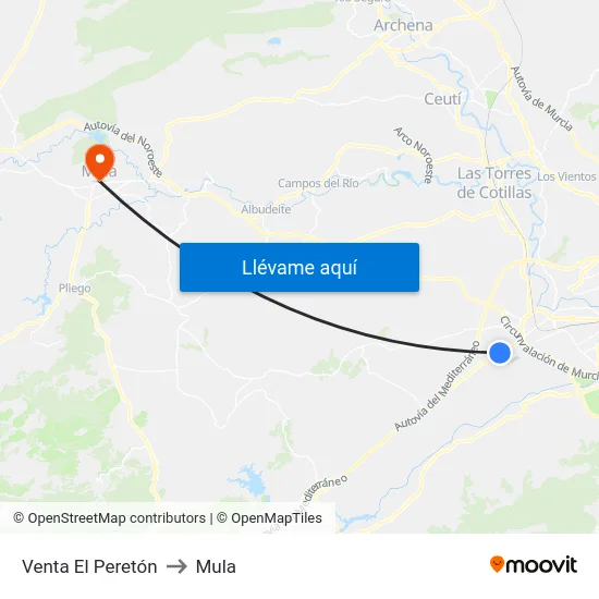 Venta El Peretón to Mula map