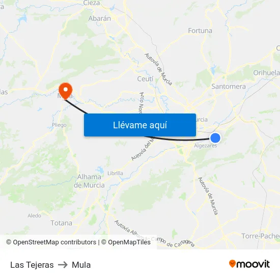 Las Tejeras to Mula map