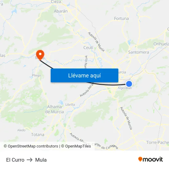 El Curro to Mula map