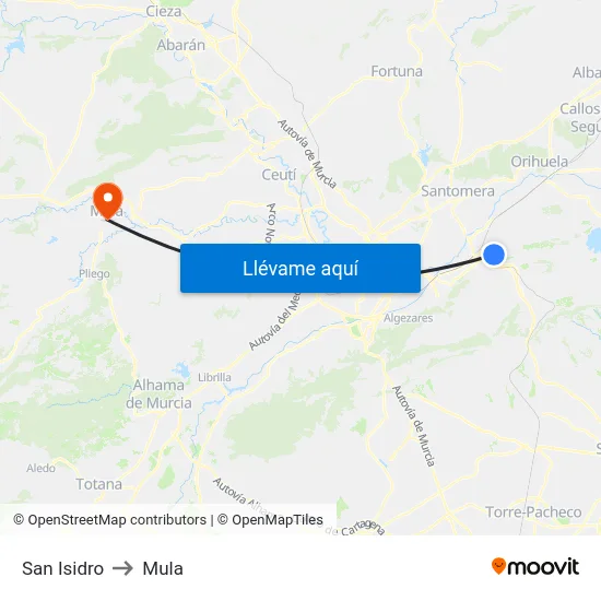 San Isidro to Mula map