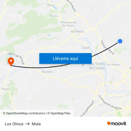 Los Olivos to Mula map